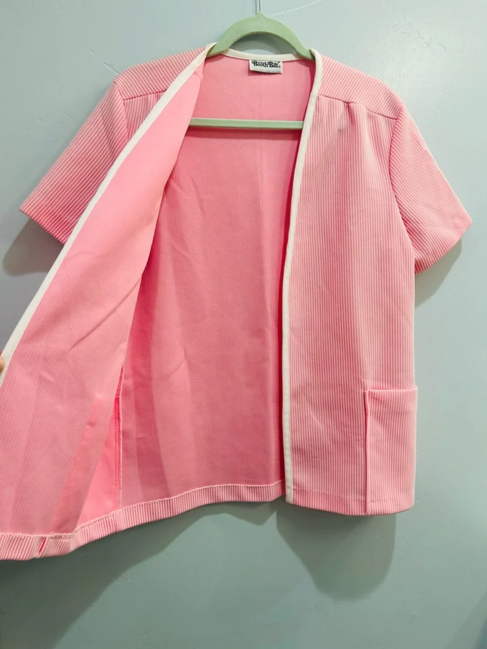 Vintage 70s Booth Bay Pink Striped Knit Cardigan Short Sleeve Pockets Cottage M